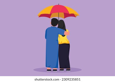 Character flat drawing back view lovers couple in rain. Cute Arab couple in love walking under rain with umbrella. Happy man and woman are walking along city street. Cartoon design vector illustration