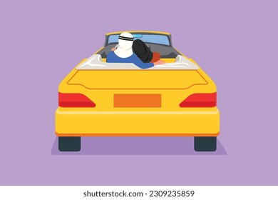 Character flat drawing back view loving Arab couple sitting and hugging in convertible car. Happy man woman getting ready for wedding. Engagement and love relations. Cartoon design vector illustration