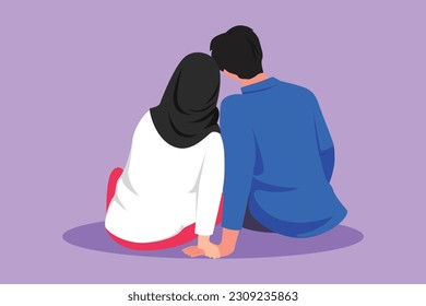 Character flat drawing back view cute Arab people in love sit holding hands   looking at moon   stars  Happy man   woman enjoying romantic nature together  Cartoon design vector illustration