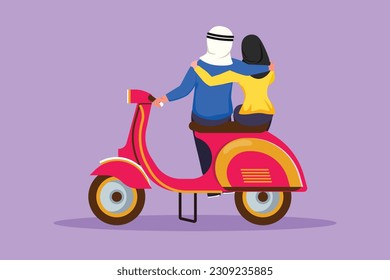 Character flat drawing back view riders couple trip travel relax  Romantic Arab couple honeymoon moments and hugging  Man and woman riding scooter motorcycle  Cartoon design vector illustration
