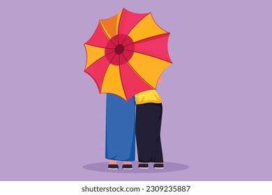 Character flat drawing back view of young couple man and woman, cute girl and boy walking holding umbrella under rain. Romantic Arab couple at rainy autumn weather. Cartoon design vector illustration