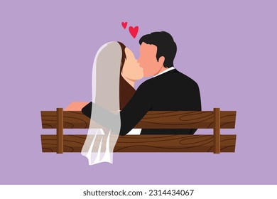 Character flat drawing back view of married couple man and woman in sweet kissing sitting on bench in park. Romantic guy and pretty girl in love with wedding dress. Cartoon design vector illustration