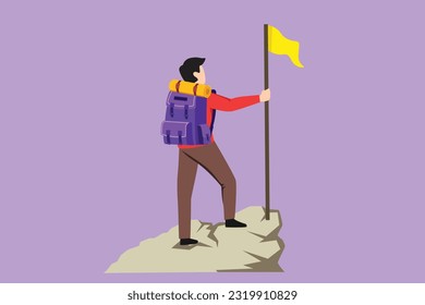 Carácter plano de la vista posterior del escalador con uniforme con bandera en el logotipo pico de montajes nevados, icono. El feliz hombre escalador llegó a la cima de las montañas disfrutando de una vista pintoresca. Ilustración vectorial de diseño de dibujos animados