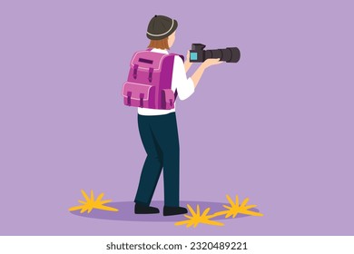 Character flat drawing back view of beautiful woman photographer with backpack holding photo camera. Journalist making nature shooting on mountain. Female character. Cartoon design vector illustration