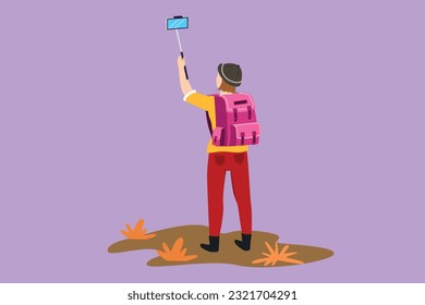 Character flat drawing back view of young pretty girl with backpack standing and taking selfie photo on her smart phone. Summer activity at nature. Travel blogger. Cartoon design vector illustration