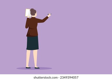 Character flat drawing back view of female business school guru teaching explaining, writing formula on chalkboard. Young business woman teacher standing at class. Cartoon design vector illustration