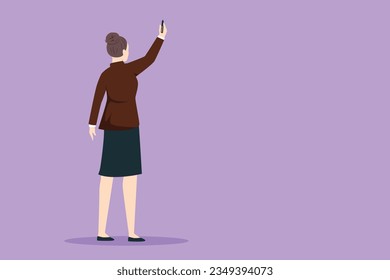Character flat drawing back view of beautiful woman teacher or student writing formula on classroom chalkboard holding chalk in hand. University or school education. Cartoon design vector illustration