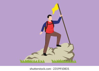 Character flat drawing backpacker, hiker, man traveler or explorer standing, holding flag and looking at nature. Hiking, backpacking, adventure tourism and travel. Cartoon design vector illustration