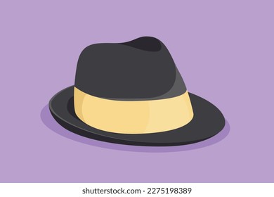 Character flat drawing of beach hat panama icon, label, template, symbol. Fedora hat, with tan leather band, indented crown and brims snapped up. Men head accessory. Cartoon design vector illustration