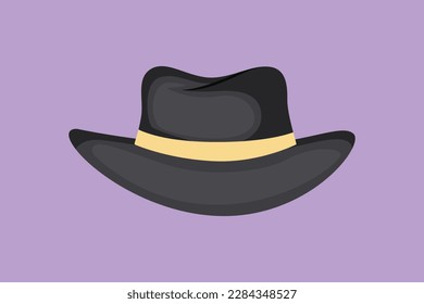 Character flat drawing of beach hat panama icon, label, template, symbol. Fedora hat, with tan leather band, indented crown and brims snapped up. Men head accessory. Cartoon design vector illustration