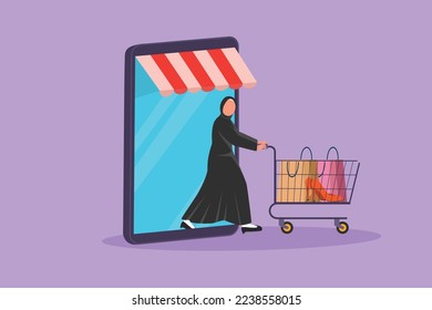 Dibujo plano de caracteres hermosa mujer árabe saliendo de la pantalla de un teléfono inteligente con dosel que empuja el carro de la compra. Venta, estilo de vida digital, consumismo. Concepto de tienda en línea. Ilustración vectorial de diseño de dibujos animados