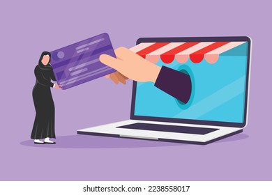 Character flat drawing beautiful Arabian woman inserting credit card into large canopy laptop screen and accepted by hand. Digital payment and online store concept. Cartoon design vector illustration