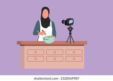 Character flat drawing beautiful Arabian woman preparing dessert at kitchen, stirring dough with spatula. Cooking live streaming. Pretty blogger prepare meal online. Cartoon design vector illustration