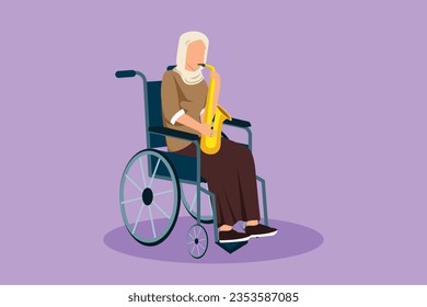 Character flat drawing beautiful Arabian woman sitting in wheelchair plays saxophone. Disability patient, classical music. Physically disabled. Person in hospital. Cartoon design vector illustration