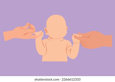 Character flat drawing beautiful baby girl holding parents hands. Adorable tiny newborn babies and parent hands. Parent with their baby. Happy family with newborn. Cartoon design vector illustration