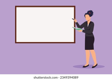 Charaktere flache Zeichnung der schönen Geschäftsfrau Lehrerin vor dem weißen Brett stehen, Buch halten und schreiben Business Plan Strategie und Taktik Theorie. Cartoon-Design, Vektorgrafik
