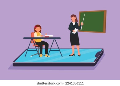 Character flat drawing beautiful female teacher teaching cute little girl junior high school student who sitting on chair near desk and studies on smartphone screen. Cartoon design vector illustration