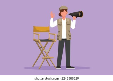 Character flat drawing beautiful female film director standing and holding megaphone with okay gesture while prepare camera crew for shooting action romantic series. Cartoon design vector illustration