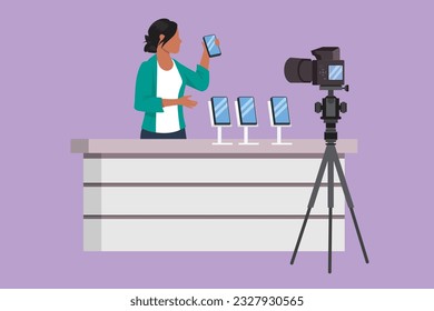Character flat drawing beautiful female influencer filming video review smartphone on dslr camera on table at home. Blogger advertising tech product, streaming live. Cartoon design vector illustration