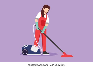 Dibujo plano de carácter de la bella profesional femenina ocupada janitor aspiradora interior, limpieza de oficina en el piso, joven, feliz, usando uniforme, guante protector. Ilustración vectorial de diseño de dibujos animados