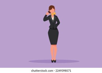 Character flat drawing beautiful flight attendant standing in uniform with call me gesture prepare at airport for flying and serves passengers to their destination. Cartoon design vector illustration