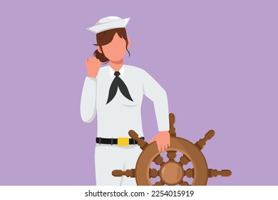 Carácter plano dibujando hermosa marinera con gesto de celebración listo para navegar a través de los mares en barco que está encabezado por el capitán. Marineras viajan a través del océano. Ilustración vectorial de diseño de dibujos animados