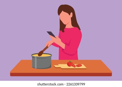 Caracterizar el plano de dibujo hermosa cocina de la esposa mientras se mira el tutorial en el smartphone. La joven aprende a cocinar con tecnología moderna. Prepare comida deliciosa. Ilustración vectorial de diseño de dibujos animados