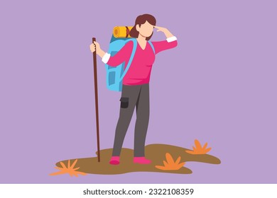 Carácter plano dibujando hermosa mujer excursionista en la cima de la montaña mirando hacia la distancia. Aventura en terreno montañoso. Senderismo, turismo de aventura, viajes, vacaciones. Ilustración vectorial de diseño de dibujos animados