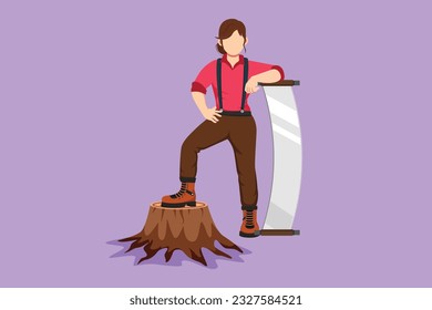 Character flat drawing beautiful woman lumberjack wearing suspender shirt, standing with big steel saw, posing with one foot on tree stump. Strong girl working hard. Cartoon design vector illustration svg