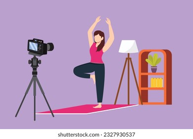 Character flat drawing beautiful woman blogger in sportswear shoots video on camera doing exercises at home. Fitness vlogger live broadcast of training session logo. Cartoon design vector illustration