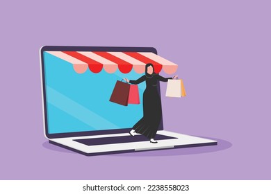 Character flat drawing beauty Arab woman coming out of laptop screen holding shopping bags. Sale, digital lifestyle and consumerism concept. Online store technology. Cartoon design vector illustration