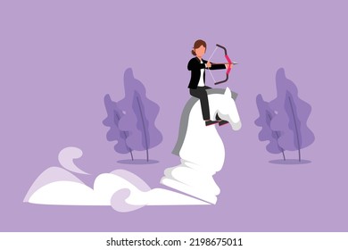 Character flat drawing of beauty attractive businesswoman holding archery aiming target while riding chess knight piece, strategic concept. Success business manager. Cartoon design vector illustration