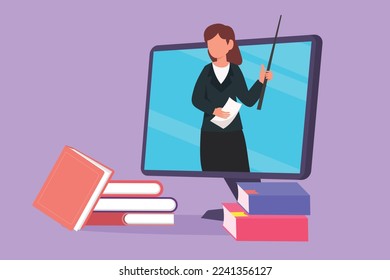Character flat drawing beauty female teacher teaching, half of her body is out of computer monitor screen with pile of book. internet class. Online learning concept. Cartoon design vector illustration