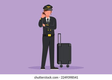 Character flat drawing beauty female pilot standing in uniform with call me gesture, ready to riding or flying airplane for bringing passengers to their destination. Cartoon design vector illustration
