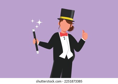 Character flat drawing beauty female magician in tuxedo suit with gesture thumbs up wearing hat and holding magic stick ready to entertain audience in circus show. Cartoon design vector illustration