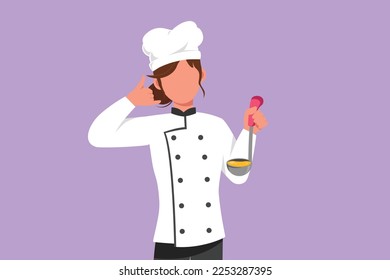 Character flat drawing beauty female chef holding ladle with call me gesture and tasting delicious soup. Wearing uniform ready to cook food for guests in restaurant. Cartoon design vector illustration