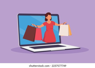 Character flat drawing beauty woman coming out of laptop computer screen with holding shopping bags. Sale, digital lifestyle, consumerism. Online store technology. Cartoon design vector illustration