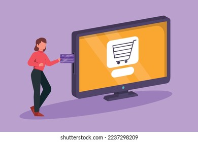 Character flat drawing beauty young woman inserting credit card into big monitor screen with shopping cart inside. E-shop, digital payment and online store concept. Cartoon design vector illustration