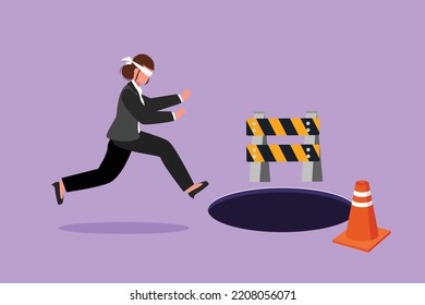 Character flat drawing blindfolded young businesswoman running to find money with pit hole. Female manager runs to business trap. Blind investment metaphor concept. Cartoon design vector illustration