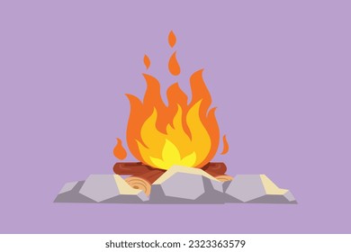 Fogata de dibujo plano de carácter para actividades de camping. Solía calentar el cuerpo en el camping por la noche, cocinar comida, agua para el té caliente. Equipo para caminatas, viajes, viajes. Ilustración vectorial de diseño de dibujos animados