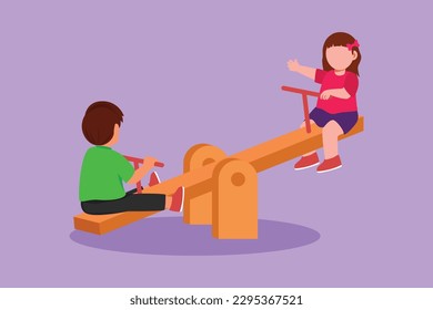 Carácter plano niño y niña de preescolar balanceándose sobre las sierras. Niños divirtiéndose en el parque infantil. Niños pequeños que juegan a la vista felizmente en el parque de atracciones. Ilustración vectorial de diseño de dibujos animados