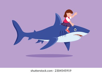 Character flat drawing of bravery little girl riding inflatable shark. Adorable kids sitting on back shark in deep zoo swimming pool. Shark ocean fish in deep water. Cartoon design vector illustration