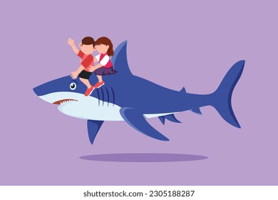 Character flat drawing of bravery little boy and girl riding inflatable shark together. Kids sitting on back shark in swimming pool. Shark ocean fish in deep water. Cartoon design vector illustration