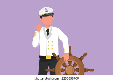 Character flat drawing bravery sailor man with celebrate gesture ready to sail across seas in ship that is headed by captain. Male sailor traveling across ocean. Cartoon design vector illustration