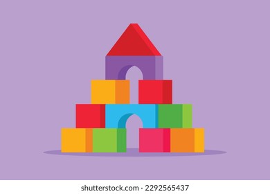 Character flat drawing of brick house logo, icon, symbol. House made of wooden blocks. Wooden cubes toy. Building blocks for kids. Children constructor. Wooden toys. Cartoon design vector illustration