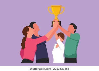 Character flat drawing business team holding winning trophy of best company competition. Happy group of employee with achievement, successful, business performance. Cartoon design vector illustration