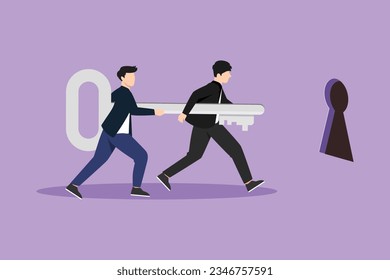 Character flat drawing business teamwork key of success concept. Businessman working in team. People bring big key to hole, stepping forward to open bright future. Cartoon design vector illustration