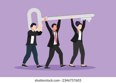 Característica de diseño plano de equipo de trabajo clave del concepto de éxito. Empresario trabajando en equipo. Gente levantando la clave del éxito, dando un paso adelante para abrir un futuro brillante. Ilustración vectorial de diseño de dibujos animados