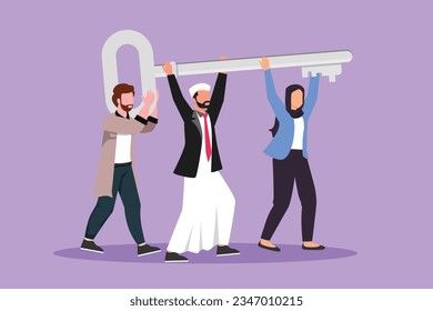 Clave del éxito del trabajo en equipo de la empresa de dibujo plano de carácter. Empresario árabe trabajando en equipo. Gente levantando la clave del éxito, dando un paso adelante para abrir un futuro brillante. Ilustración vectorial de diseño de dibujos animados