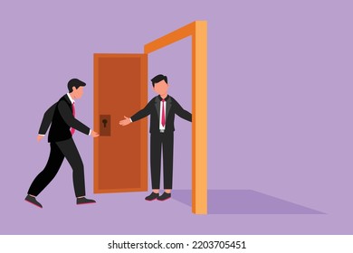 Character flat drawing businessman at the door welcomes his friend in. Male manager is inviting his friend to get into his house. Hospitality or friendship concept. Cartoon design vector illustration